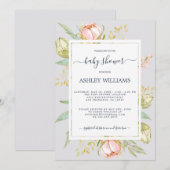 Floral Pink Peony Rustic Boho Paars Baby shower Kaart (Voorkant / Achterkant)