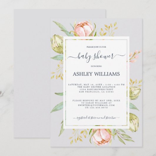 Floral Pink Peony Rustic Boho Paars Baby shower Kaart (Voorkant / Achterkant)