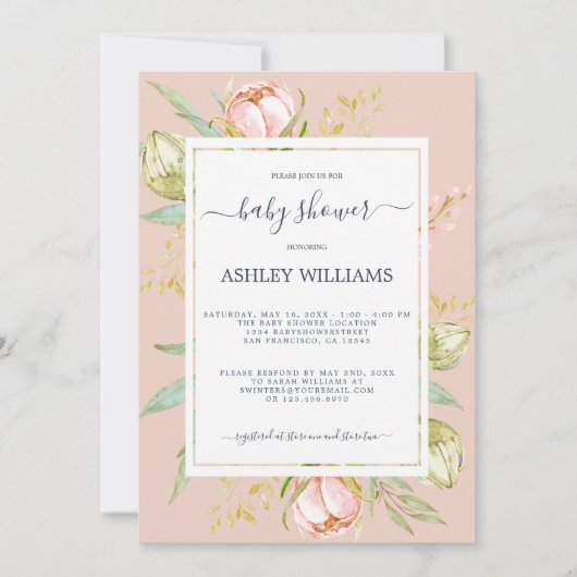 Floral Pink Peony Rustic Boho Pink Baby shower Kaart (Voorkant)