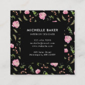 Floral Pink Peony Waterverf Black Vierkante Visitekaartje (Achterkant)
