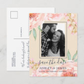 Floral Pink Peony Waterverf Save the Date Aankondigingskaart (Voorkant / Achterkant)