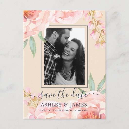 Floral Pink Peony Waterverf Save the Date Aankondigingskaart (Voorkant)