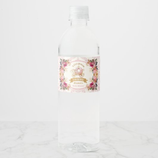 Floral Pink Princess Carriage Baby shower Waterfles Etiket (Voorkant)