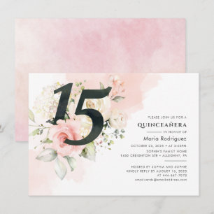 Floral Pink Quinceanera 15th Birthday Waterverf Kaart