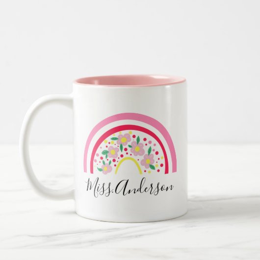 Floral Pink Rainbow Personalized Teacher Gift Tweekleurige Koffiemok (Links)