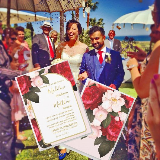 Floral Pink Red Gold Elegant Wedding Kaart