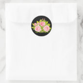 Floral Pink Rose Bloemen Zwart Ronde Sticker (Tas)