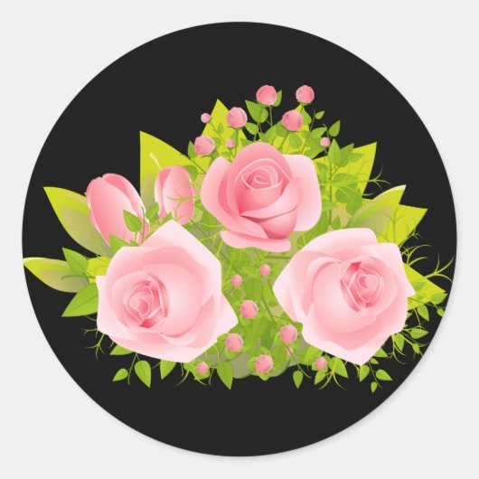 Floral Pink Rose Bloemen Zwart Ronde Sticker (Voorkant)