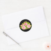 Floral Pink Rose Bloemen Zwart Ronde Sticker (Envelop)