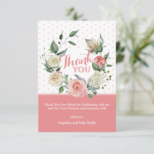 Floral Pink Rose Girl Baby shower Birthday Bedankkaart (Staand voorkant)