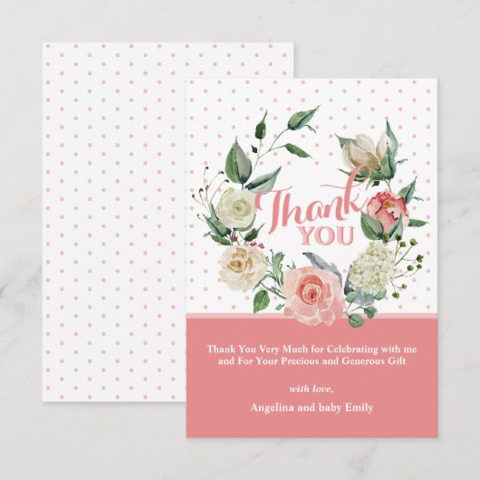 Floral Pink Rose Girl Baby shower Birthday Bedankkaart (Voorkant / Achterkant)