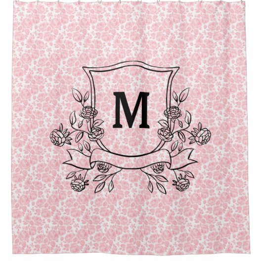 Floral Pink Rose Pattern Monogram Douchegordijn (Voorkant)