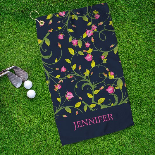 Floral Pink Rose Vine Navy Elegant gepersonaliseer Golfhanddoek