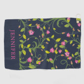 Floral Pink Rose Vine Navy Elegant gepersonaliseer Golfhanddoek (Horizontaal)