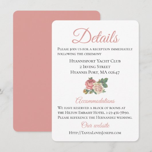 Floral Pink Rose Wedding Routebeschrijving Details Informatiekaartje (Voorkant / Achterkant)