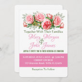 Floral Pink Rose, White & Green Wedding Invitation Kaart (Voorkant / Achterkant)