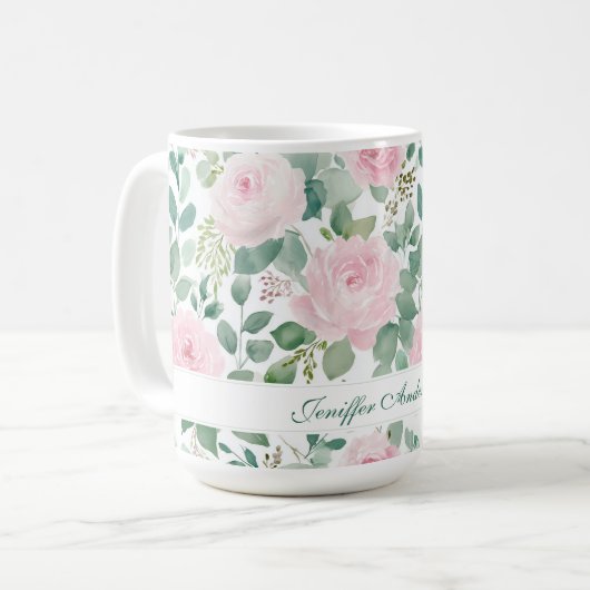 Floral Pink Rose with Custom Name Koffiemok (Voorkant links)