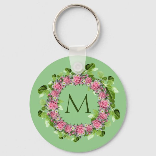 Floral Pink Rose Wreator Monogram Sleutelhanger (Voorkant)