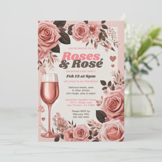 Floral Pink Roses en Rosè Galantine's Day Party Kaart (Staand voorkant)