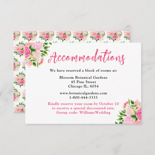 Floral Pink Roses Wedding Accommodations  Informatiekaartje (Voorkant / Achterkant)