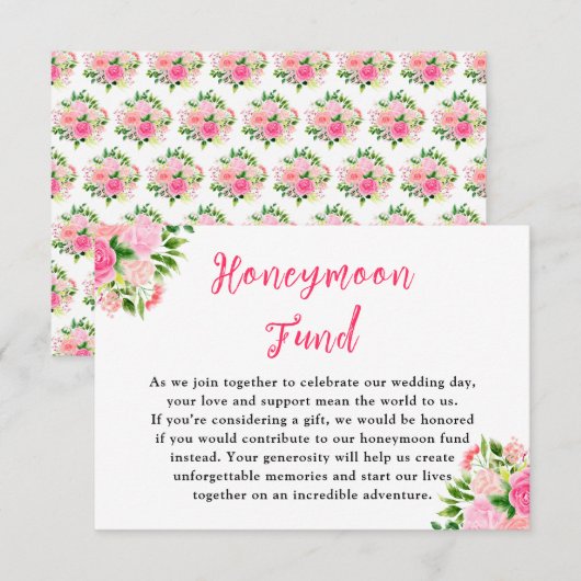 Floral Pink Roses Wedding Honeymoon Fund Informatiekaartje (Voorkant / Achterkant)