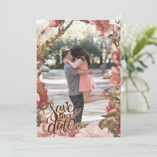 Floral Pink Rustic Foto Save The Date (Staand voorkant)