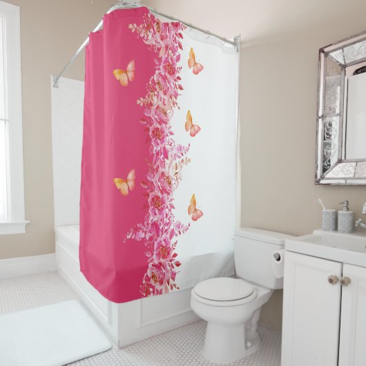 Floral Pink Shower Curtain with Graceful Butterfly Douchegordijn (In situ)