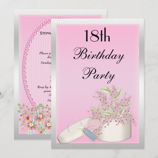 Floral Pink & Silver 18th Birthday Kaart (Voorkant / Achterkant)