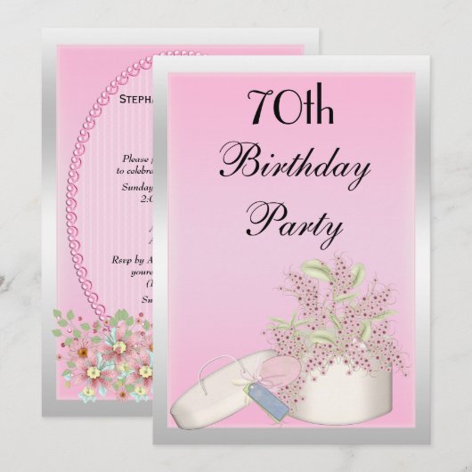 Floral Pink & Silver 70th Birthday Kaart (Voorkant / Achterkant)