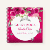 Floral Pink Silver Tiara Butterfly Guest Book Notitieboek (Voorkant)