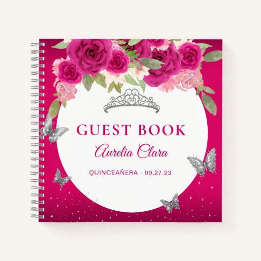 Floral Pink Silver Tiara Butterfly Guest Book Notitieboek (Voorkant)