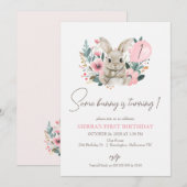 Floral Pink Some Bunny wordt een 1e verjaardag Kaart (Voorkant / Achterkant)