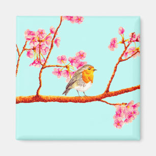 Floral Pink Spring Blossom Robin Bird Magneet