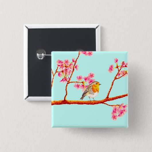 Floral Pink Spring Blossom Robin Bird Vierkante Button 5,1 Cm (Voorkant /achterkant)
