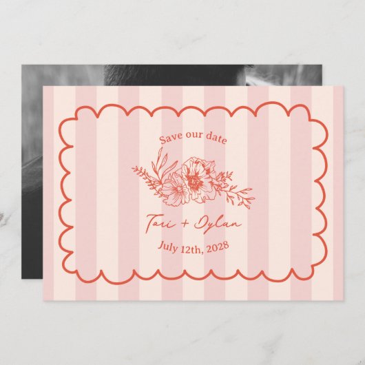 Floral Pink Stripe Botanical Save The Date Foto (Voorkant / Achterkant)