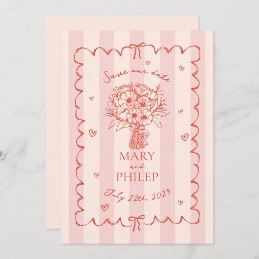 Floral Pink Stripe Botanical Save The Date Kaart (Voorkant / Achterkant)