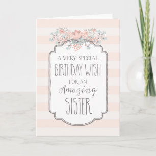  Floral Pink Stripes Zuster Birthday Card Kaart