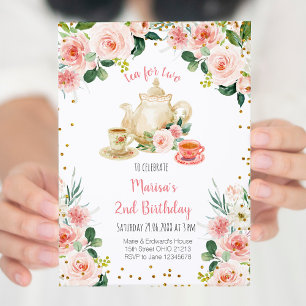 Floral Pink Tea for Two Birthday Party Invitation Kaart