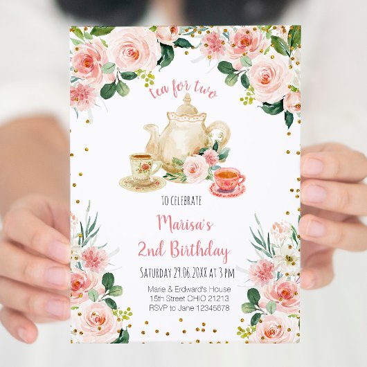 Floral Pink Tea for Two Birthday Party Invitation Kaart