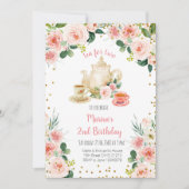 Floral Pink Tea for Two Birthday Party Invitation Kaart (Voorkant)