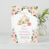 Floral Pink Tea for Two Birthday Party Invitation Kaart (Staand voorkant)