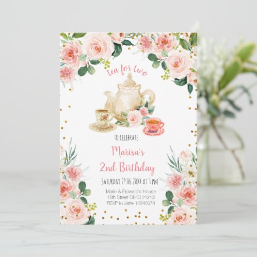 Floral Pink Tea for Two Birthday Party Invitation Kaart (Staand voorkant)