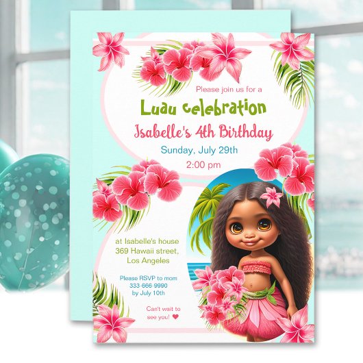 Floral Pink Tropical Aloha Luau Birthday Kaart