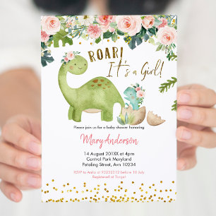 Floral Pink Tropical Dinosaur Baby shower Kaart