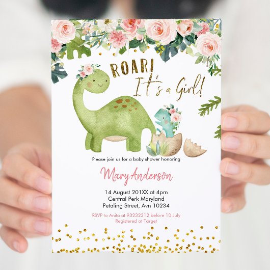 Floral Pink Tropical Dinosaur Baby shower Kaart