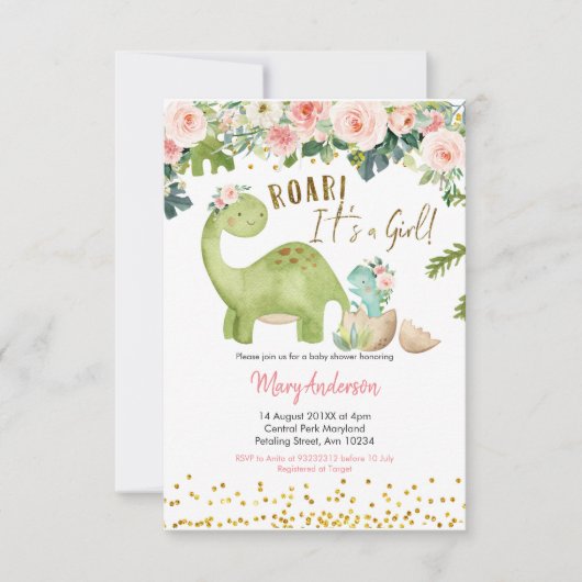 Floral Pink Tropical Dinosaur Baby shower Kaart (Voorkant)