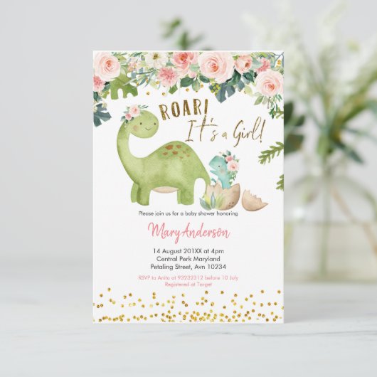 Floral Pink Tropical Dinosaur Baby shower Kaart (Staand voorkant)