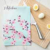Floral Pink Turquoise Cherry Blossoms personaliser Theedoek (Quarter Fold)