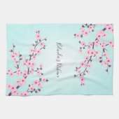 Floral Pink Turquoise Cherry Blossoms personaliser Theedoek (Horizontaal)