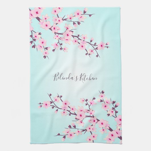 Floral Pink Turquoise Cherry Blossoms personaliser Theedoek (Verticaal)